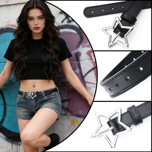 MILAKOO Punk Leather Waist Belt for Women Vintage Accessories for Hippie Skateboarding Enthusiasts - color: K: Black-star