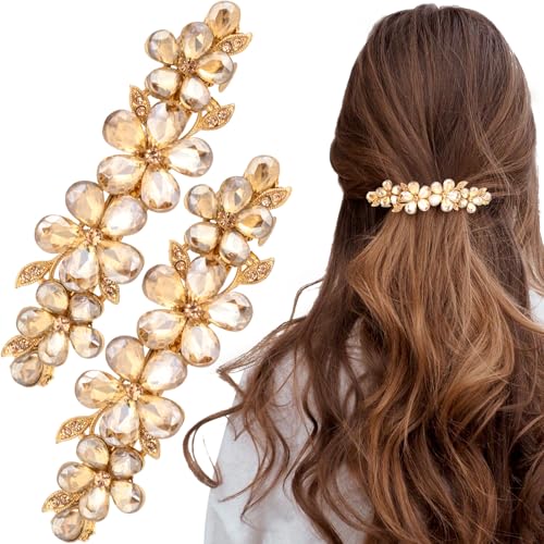 Joez Wonderful Rhinestone Hair Clip Sparkly Crystal Barrettes French Wedding Prom Engagement Pageant First Communion Hair Decorative Accessories for Women Long Hair (Flower Champagne, 2 Pcs) - color: Flower Champagne