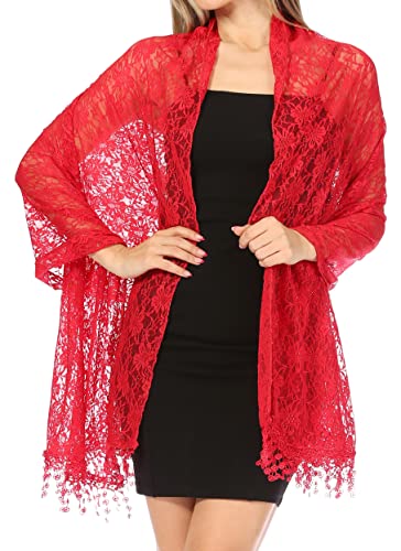 Sakkas Mari Women's Large Lightweight Soft Lace Scarf Wrap Shawl Floral and Fringe - color: Style2-burgandy