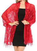Sakkas Mari Women's Large Lightweight Soft Lace Scarf Wrap Shawl Floral and Fringe - color: Style2-burgandy