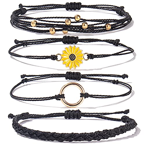 FANCY SHINY Easter Gifts Basket Stuffers Sunflower String Bracelet Boho Braided Rope Wrap Bracelets Cute Summer Beach Surfer Jewelry for Women - color: Black