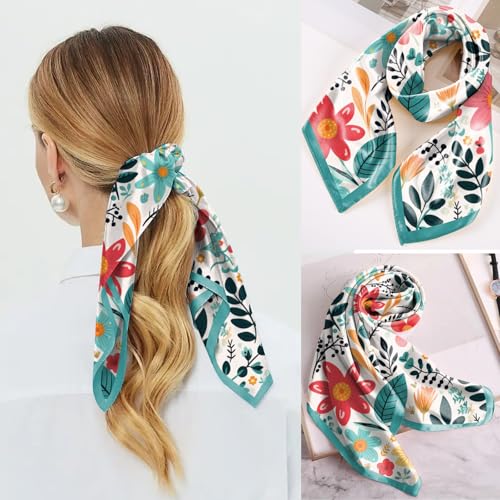 Scarf Silk Feeling Square Satin Head Hair Scarf Wrap 27.5 Inches Headwear Aesthetic Cute Decoration Women Girls - color: V-19-red Flower