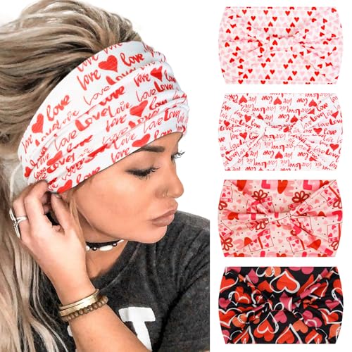 Huachi 4 Packs Valentine Headbands for Women Wide Knotted Valentine Heart Headbands Trendy Love Head Bands for Women’s Hair Large Bandana Hairbands Valentines Gifts Hair Accessories - color: Valentine
