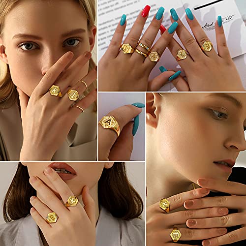 U7 Initial Ring Wedding Band for Men Women 18K Gold Plated Statement Hexagon A-Z Letter Jewelry Personalized Stackable Signet Rings - color: Q