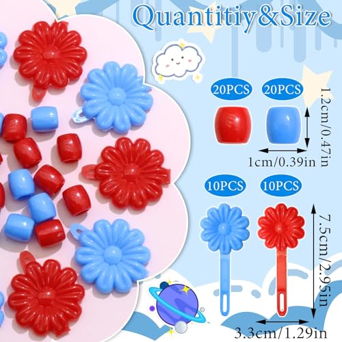 60PCS Hair Beads for Braids Blue Red Flower Self Hinge Hair Clips | 4th of July,Cute Dreadlock Beads, Acrylic Pony Bead,Plastic Hairpin Clips,80s 90s Colorful Hair Accessories - color: Blue&Red