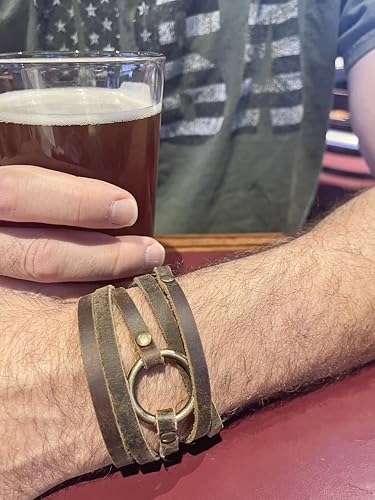 SPUNKYsoul Buckle or 5 Wrap Leather Circle Bracelet - Handmade Adjustable Leather Wrap Bracelet for Women & Men, Unique Distressed Stackable Jewelry with Symbolic Circle for Everyday Wear & Gifting - style: Men's Brown