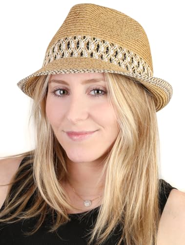 Funky Junque Straw Fedora Hats for Women - UPF 50+ Sun Hat, Short Brim Packable Beach Hat with Woven Pattern - color: 2 Pack - Black/Natural & Brown