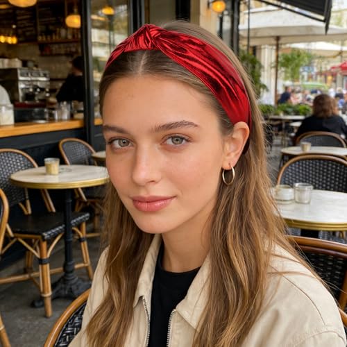 YISSION Metallic Red Knotted Headband for Women, Wide Twist Shiny Fabric Hairband, Fashion Hair Accessory for Everyday Wear, Parties, and Travel - color: Red