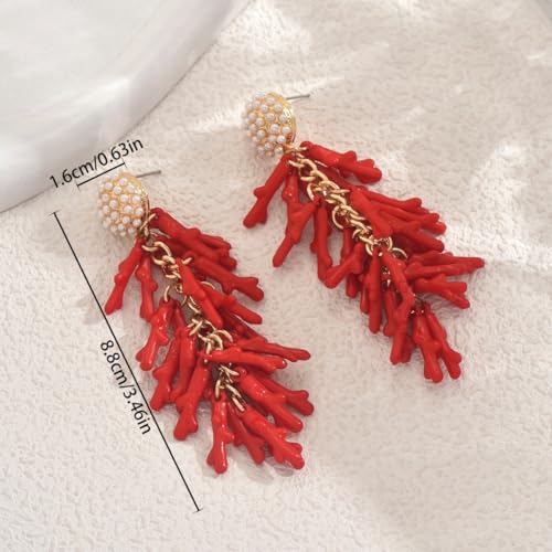 Red Coral Drop Earrings for Women, Boho Statement Tassel Earrings with Pearl Studs, Vintage Ocean Inspired Dangle Jewelry for Party and Vacation