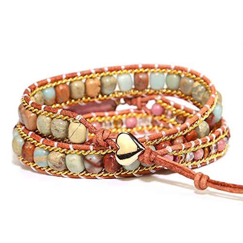 Women Wrap Bracelet Boho Natural Jasper Crystal Stone Beads Strand Bracelets - color: Rhodochrosite