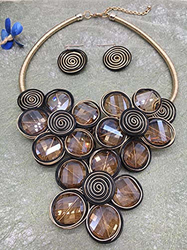Statement Chunky Flower African Necklace For Women Tribal Fashion Costume Jewelry Earring Sets Unique Big Colorful Rhinestone Crystal Pendent Collar Choker Bib Handmade - color: three flowers amber color