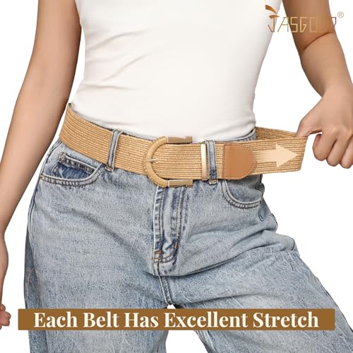 JASGOOD Straw Woven Belt for Women Dresses Boho Elastic Braided Belt Rattan Raffia Belts Ladies Wide Belt,1.97" Width - color: C-khaki, size: Fit waist size 25"-30"
