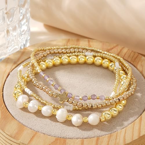 4pcs Gold Beaded Pearl Bracelets Set for Women Multi Layer Versatile Stackable Stretch Cuff Sparkly Stone Crystal Gemstone Jewelry Birthday Gifts - color: Amethyst