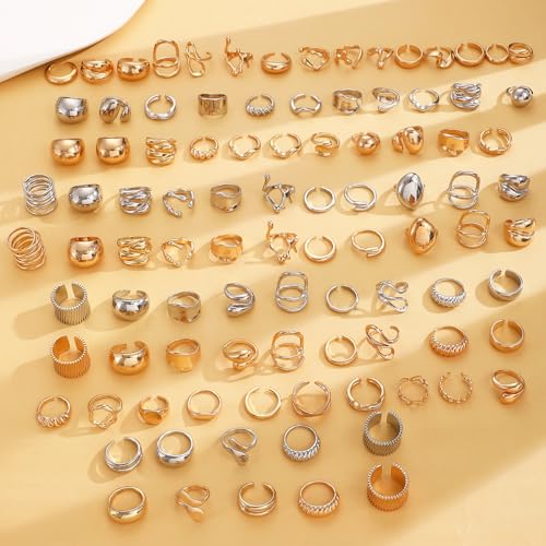 9-11PCS Gold Stackable Rings Set for Women - Gold Plated Adjustable Chunky Statement Rings for Daily Wear, Layering, Parties - style: 11PCS Gold