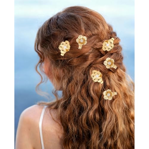 ANBALA 6Pcs Small Gold Hair Clips 2 Styles Elegant Flower Alligator Clips with Pearl and Rhinestone, Small Floral Gold Hair Accessories for Women Girls