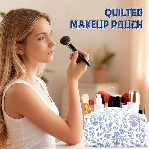 Small Makeup Bag Quilted Cosmetic Bag Floral Travel Toiletry Bags for Women Cute Pencil Case Quilted Makeup Pouch Aesthetic Coquette Cosmetic Pouch Cotton Make Up Bags Cute Zipper Pouches Blue - color: Ac-blue flower