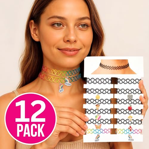 BodyJ4You 12PC Tattoo Choker Necklace for Women - 90s Choker Necklaces Y2K Fashion Trendy Vintage - Emo Black Choker Rainbow Pink White Purple Neon Green Blue Daisy Flower - color: Black, Rainbow