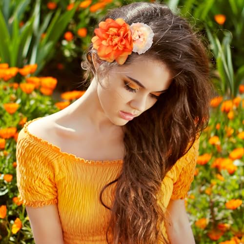 BBTO 21 Pcs Flower Hair Clip Rose Hair Clips Barrettes for Women Flower Accessories Boho Bride Claw Clip Hairpin Brooch Pin Headpiece for Wedding (Orange) - color: Orange