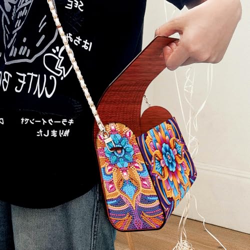 C'eitura Diamond Art Painting Wooden Shoulder Bag, 5D DIY Rhinestone Mandala Floral Chain Purse with Colorful Boho Pattern, Wooden Clutch Handbag Craft Gift - color: SKB207