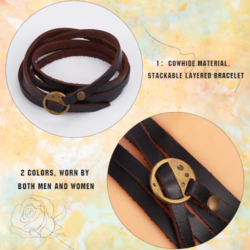 GORGECRAFT 2Pcs Cowhide Womens Black Leather Wrap Bracelet Stackable 5 Wrap Around Circle Genuine Leather Boho Vintage Punk 6mm Wristlet Cuff Long Strap Bracelets for Women Bracelet Handmade Jewelry