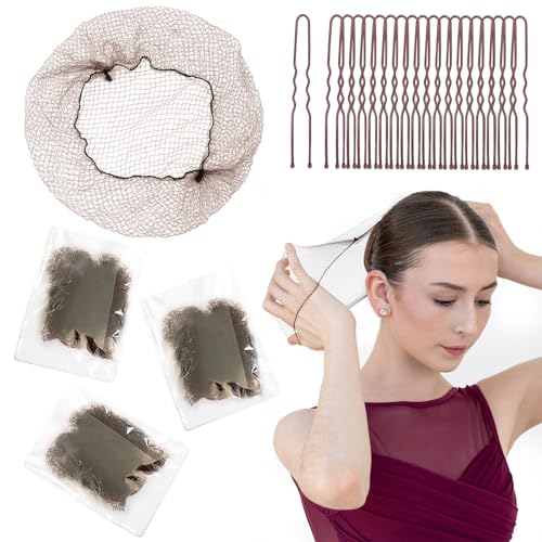 Hair Net Set 30 Pieces 20-Inch Nets with 50 Pieces 2.4-Inch Golden U Pins - For Food Service, Bun Making, Ballet, and Versatile Hairstyling (Light Brown, 20inch, 80pcs/Pack) - color: Brown, size: 20 Inch