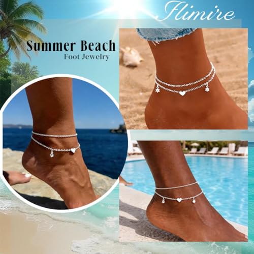925 Sterling Silver Ankle Bracelets for Women 14K Gold Plated Layered Anklet Sets Dainty Heart Anklets Chain Waterproof Beach Foot Jewelry Gifts - style: Heart-Silver2