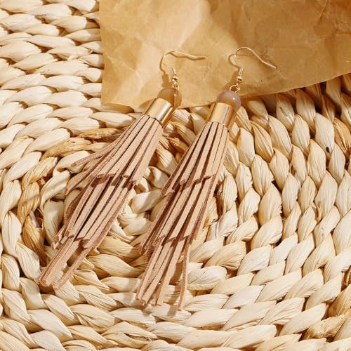 Coiris Boho Leather Layered Tassel Earrings for Women Lightweight Leather Fringe Dangle Earrings Handmade Bohemian Summer Beach Western Drop Earrings for Women - color: Khaki