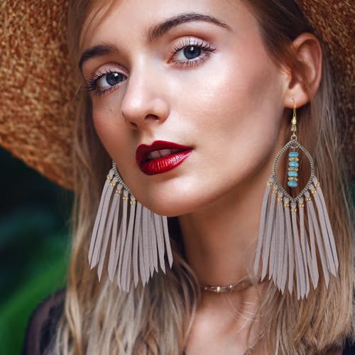 Long Bohemian Fringe Leather Earrrings Handmade Tassel Earrings with Turquoise Christmas Long Dangle Earrings for Women rodeo jewelry - color: 4