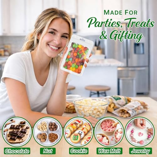 ANZNKU 100 PCS Resealable Mylar Bags with Frosted Clear Window Bags Packaging Bags Foil Pouch Zipper Bag for Jewelry Sample Candy Food (6.29x9.44, White) - color: White, size: 6.29x9.44 inches
