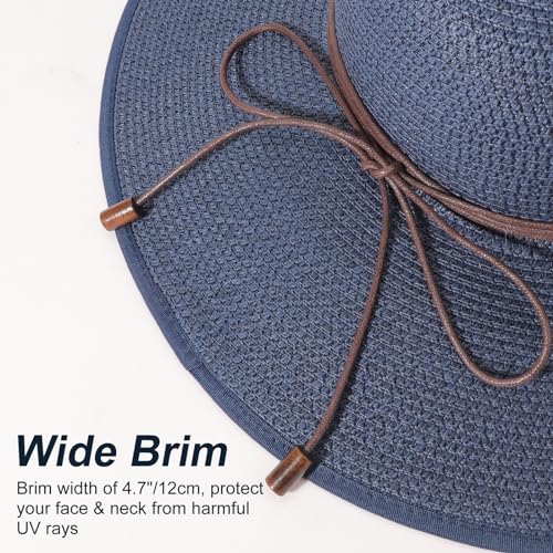 DRESHOW Beach Hats for Women Big Straw Wide Brim Summer Hat Floppy Foldable Roll up Cap Sun Hat UPF 50+ - color: 1 Pack Bowknot Hat: Navy Blue, 4.7" Brim