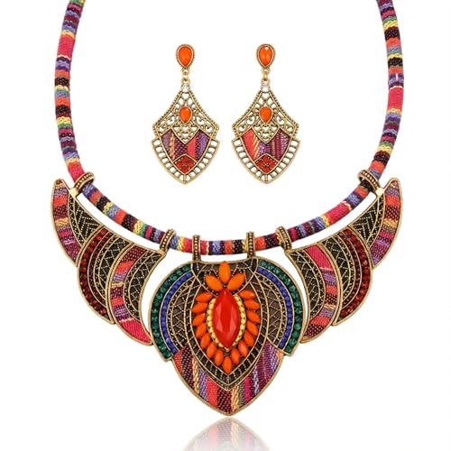 African Tribal Jewelry Set for Women - 2pcs Chunky Colorful Boho Vintage Statement Necklace Earrings Bib Choker Festival Costume Ethnic Accessories - style: Red Style