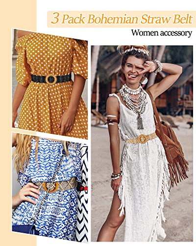 Hercicy 3 Pcs Rattan Straw Woven Belt Bohemian Waist Rope Braid Belts for Women, Trendy Boho Ladies Skinny Dress Belt Multicolor