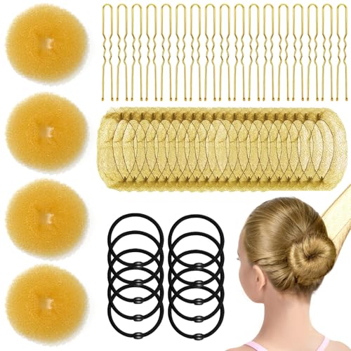 YINGFENG 134 Pcs Gold Hair Bun Maker Kit for Kids Small - 4 Hair Donuts for Buns, 20 Hair Nets for Buns, 100 U Shaped Bobby Pins, 10 Hair Bands, for Girls, Ballet Dance, Hair Accessories for Women - color: gold, size: Small