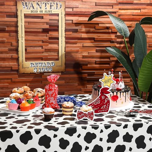 Tatuo Western Party Tablecloth Paisley Table Cover Bandana Plastic Table Cloth Rectangle Floral Tablecloth for Western Cowboy Themed Party 108 X 54 Inch(Deep Rose,Light Rose,Cow Pattern,3 Pack) - color: Deep Rose,light Rose,cow Pattern