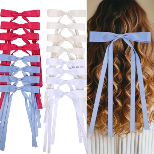 WORTL Hair Bows Clips Coquette Ribbon Bowknot with Long Tail Princess Hair Bows French Barrettes Hair Accessories for Women Girls 16PCS (Rose red, Cream,White, Blue) - color: Rose red,white， Cream, Blue
