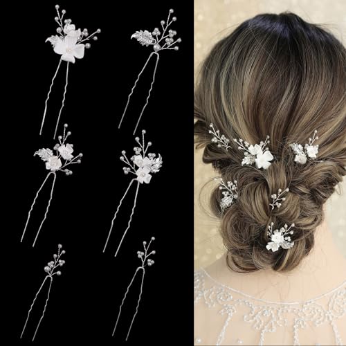 Handmade Pearl Bridal Wedding Hair Pins 6Pcs White Flower Gold Leaf Pearls Clips Bridal Hair Accessories for Women Brides Bridesmaid - color: Silver / Pearl White Flower
