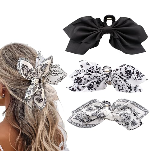 Bow Claw Hair Clips 3PCS Big Hair Bows for Women Butterfly Styling Large Hair Clips for Thin Thick Curly Hair for Girls Hair Accessories for Teen Gifts for Valentine's Day - color: 3PC-Black+White Floral+White Paisley