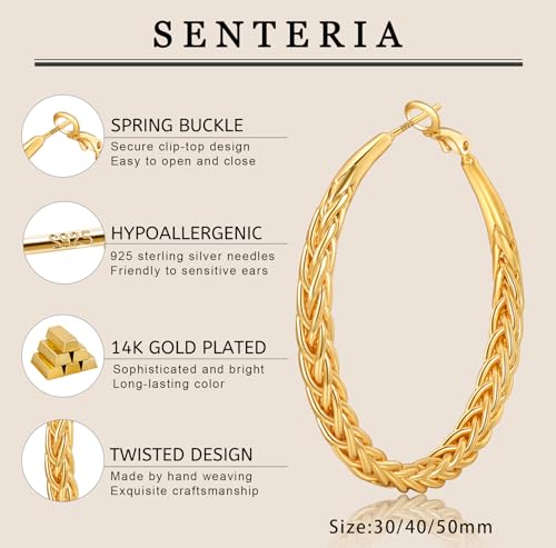 Senteria Silver Hoop Earrings for Women Hypoallergenic 925 Sterling Silver Post Hoop Earrings Lightweight Large Hoops Earring Thick Twisted Silver Hoops 30/40/50MM - color: 40MM Gold