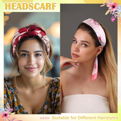 JATEBI 27''/35'' Women Large Satin Scarf Silk Feel Square Wraps Big Hair Bandanas Vintage Print Solid Color Bandana Scarves - color: Green, Blue, Red, Pink, Sky Blue, and Yellow Floral, size: 27'' Medium
