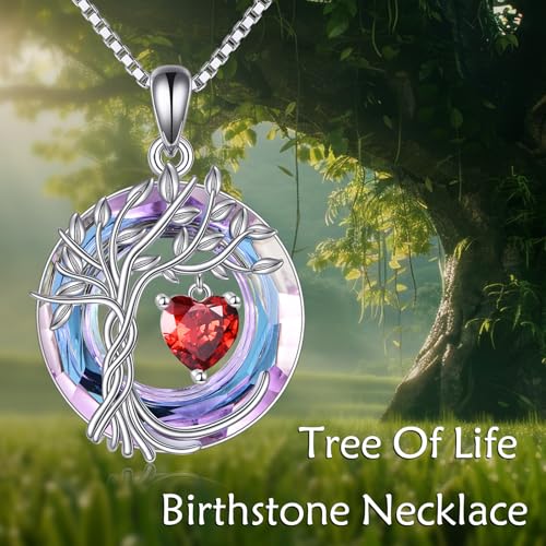 POPLYKE Mothers Day Gifts for Mom Her Wife Tree of Life Necklace 925 Sterling Silver Birthstone Pendant with Crystal Anniversary Birthday Wedding Jewelry for Women - color: 01-Jan-Garnet, style: White Gold Plated-Amethyst Crystal