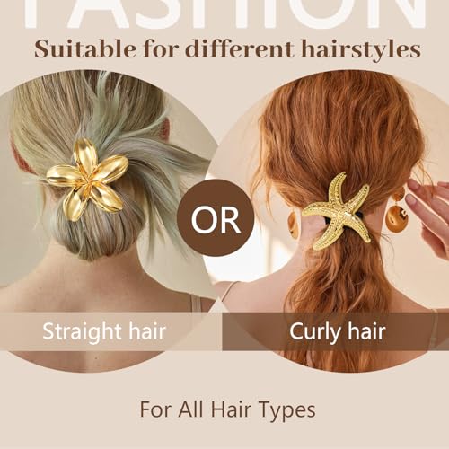 3PCS Gold Hair Ties, Metal Hair Ties for Thick Hair, Elegant Durable Geometric Design, Gold Hair Accessories Stretchy and Non-Damage Ponytail Holders, Ocean Pattern 3 Style Starfish Shell Flower - color: Gold Set 02
