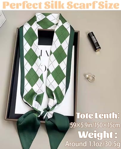 kcctoo 59" Mulberry Silk Like Head Scarf Women's Fashion Square Neck Satin Scarfs for Bag Hair Scarves Gift 59 * 5.9” - color: I01 Green Squares 59" X 5.9"