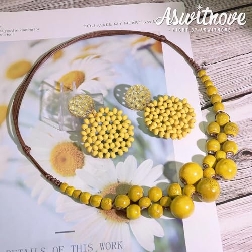 2 Pcs Hippie Boho Colorful Ceramic Beaded Necklace and Earrings Set for Women Adjustable Chunky Round Beads Strand Statement Necklace Colorful Summer Beaded Earrings Bohemian Jewelry Gift - color: Earth Yellow