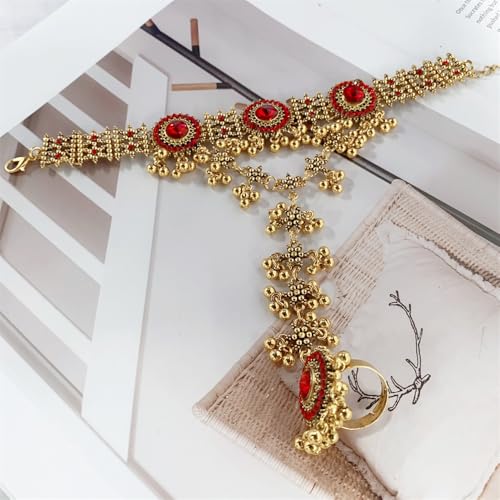 Boho Hand Chain Bracelet Ring For Women Trendy Finger Rings Retro Ethnic Style Dainty Adjustable Wrist Chain Cubic Zirconia Bracelet Wedding Jewelry Stocking Stuffers Engagement Gift - color: Red