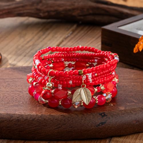 Caiyao 4Pcs Bohemia Multilayer Stackable Beaded Bracelets Set Colorful Crystal Stone Gold Beaded Stretch Bracelets Hawaii Charm Bracelet for Women Men Summer Beach Boho Vacation Jewelry Gifts - color: 7pcs red