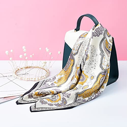 Stlvoll 100% Silk Head Scarf for Women - 27" Hair Scarves Satin Bandanas Square for Night Sleeping with Gift Packed - color: White/Yellow/Cashew Flower