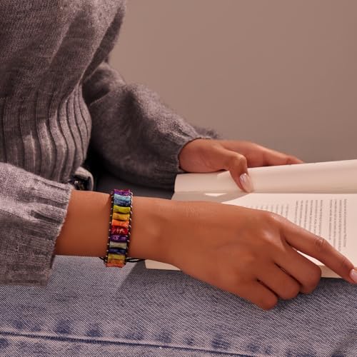 Sriomu 7 Chakra Bracelets for Women Handmade Natural Jasper Stone Healing Bead Bracelet Women Men Boho Friendship Inspirational Jewelry Natural Jasper Stone Double Layer Healing Bead Jewelry Gifts - color: Colorful - Black Leather