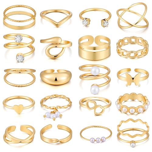 FAXHION 25 PCS Gold Stackable Rings Set for Women, Simple Twist Knuckle Finger Ring Trendy, Dainty Stacking Statement Thumb Rings Pack Jewelry Gift - color: Gold-Pearl