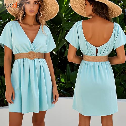 SUOSDEY 2 Pack Straw Woven Elastic Belt Braided Stretch Wide Boho Rattan Waist Belt for Women Dresses - color: 03-brown+black, size: Fit Waist up to 40''