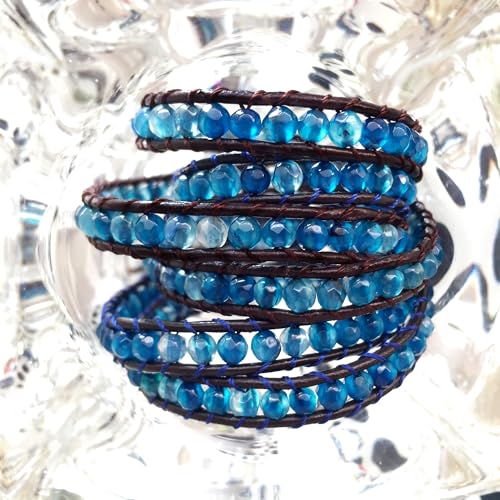 3 Wrap Genuine Leather Bracelet Gemstone Bead - color: Blue Star Agate